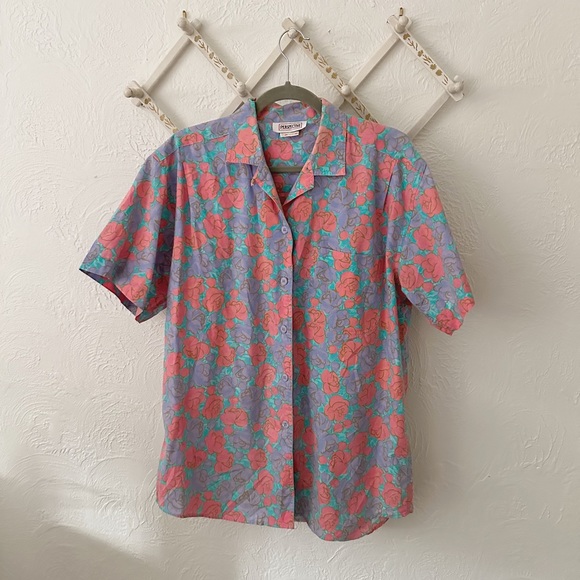 Vintage Other - Mens Pink & Purple Floral Button Up Shirt Short Sleeves (Size L)